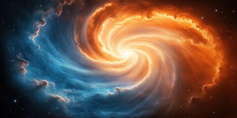 swirling cosmic nebula with vibrant blue and orange gaseous clouds creating a dramatic spiral motion in outer space