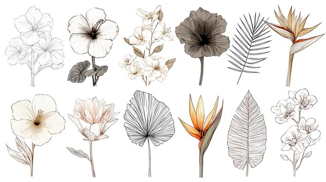 A vibrant collection of fifteen individual vector illustrations of tropical flowers and leaves, Elements Botanical Illustrations of Exotic Flora
