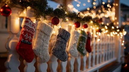 Festive stockings hang from a porch railing adorned with lights and greenery for the holiday season, concept for Christmas decoration, seasonal celebration and home warmth