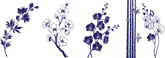 Vector art of collection of floral branch and bamboo illustration