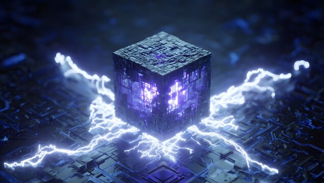 Mysterious glowing cube structure emitting vibrant blue energy pulses in a dark textured environment with atmospheric effects