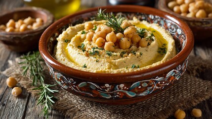 Delicious homemade hummus with chickpeas and olive oil ready to serve in a rustic bowl, perfect for healthy snack or appetizer spreads