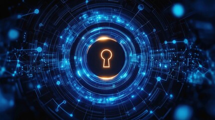 Obraz premium Glowing keyhole symbol at the center of a complex blue digital circuitry network representing cybersecurity and data protection