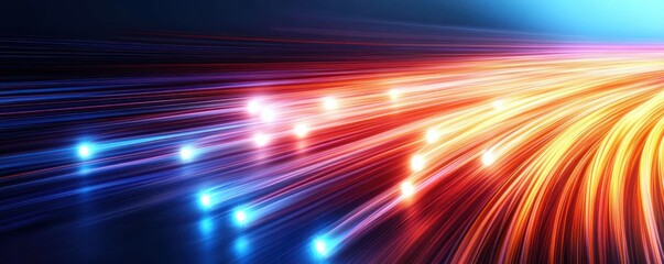 Dynamic visualization of colorful light trails in motion against a dark background conveying speed and energy