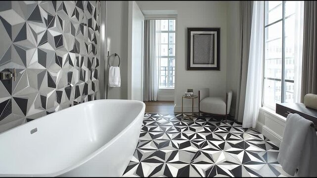Modern luxury bathroom with freestanding tub and black-and-white geometric tile design on walls and floor

