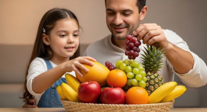 Father and daughter enjoying a healthy fruit basket selection for family time and nutrition inspiration