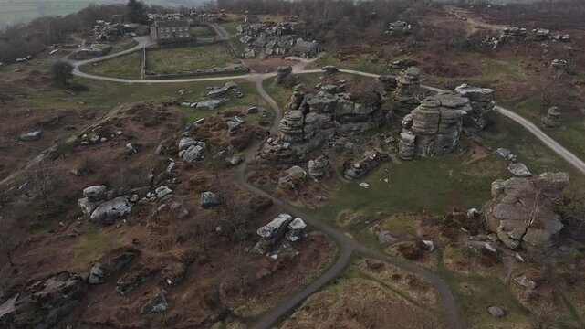 Aerial pov of Brimham Rocks National park in the United Kingdom.