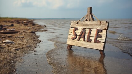 Rustic wooden sale sign on scenic beach with gentle waves, perfect for promotions or coastal business marketing materials, seasonal discounts
