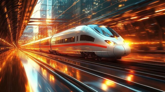 Fast modern high-speed train traveling through a reflective urban environment with warm golden lighting and dynamic motion blur