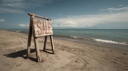 Rustic wooden sale sign on tranquil beach with gentle waves and clear blue sky inviting summertime savings and coastal promotions now