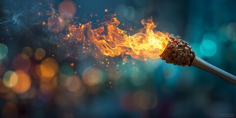 Burning tiki torch with vibrant flames against bokeh background presents an adventurous vibe, concept for tropical events, island getaway promotions and summer celebration imagery