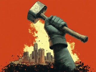 Illustration of a large gloved hand holding a sledgehammer raised above a city skyline with an explosive fiery background conveying strength and destruction