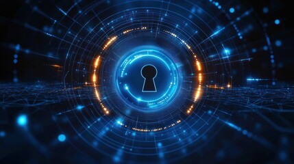 Futuristic digital lock interface with glowing blue and orange circular data patterns symbolizing cybersecurity and data protection