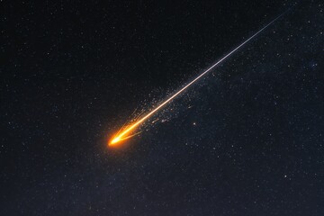 Dramatic shot of a bright meteor streaking across a star-filled night sky, leaving a fiery trail, concept for astrological studies, celestial events and cosmic wonder