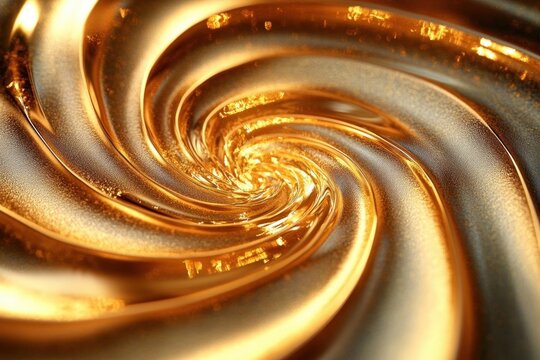 Close-up of swirling molten gold liquid creating a shiny, smooth spiral pattern emitting warmth and fluid motion