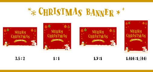 クリスマスの赤い背景フレーム素材セット｜サンタと雪だるまのイラスト入り、比率別で使えるバナーテンプレート