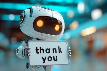 Cute white robot holding a sign with the words 'thank you' against a blurred background. concept for gratitude, automated assistance and customer service appreciation