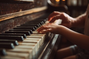 Close up of child and adult hands playing the antique piano with blurred background, concept for music education, family togetherness and artistic expression