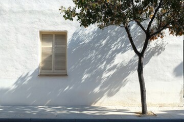 Sunlit white wall with closed shuttered window casting soft shadows and a solitary tree with green and brown leaves creating long shadows on the textured surface