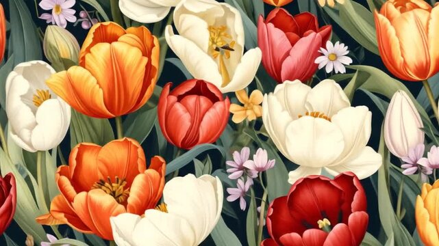 A vibrant floral pattern of tulips and small flowers