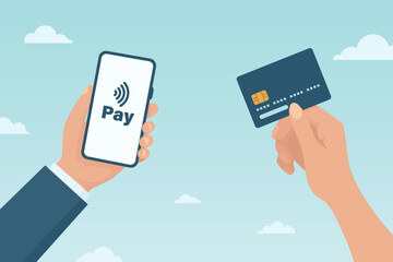 Mobile Payment, Vector Illustration. Credit Card Payment with Smartphone, Contactless Payment via NFC Tap to Pay. Online Banking, E-Wallet, Checkout, Money Transfer Concept