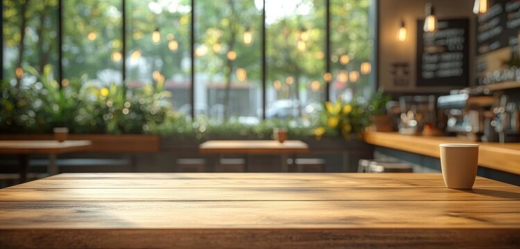 Cozy cafe interior with wooden table in foreground and single white mug, large windows showing green plants and soft natural light creating a warm and inviting atmosphere