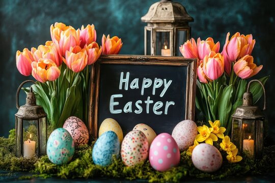 Colorful decorated Easter eggs arranged on moss with pink and orange tulips, yellow flowers, lanterns with lit candles, and a chalkboard sign reading Happy Easter