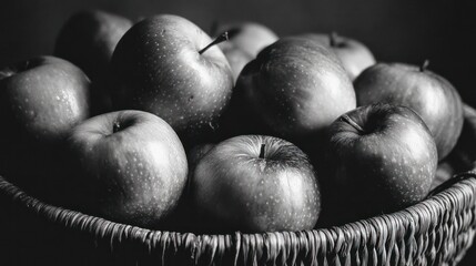 Close-up black and white basket of apples