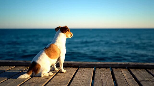 Lonely dog on wooden pier looks at sea showing calm travel this is a very beautiful and peaceful summer moment this is a great waiting and hope concept this is a great scene