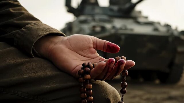 Wounded soldier hand holds rosary in war zone showing faith and hope this is a very dramatic and emotional conflict scene this is a great survival and peace concept this is a great moment