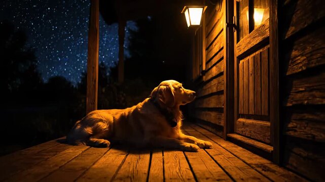Loyal dog on porch at night guards home showing safety and peace this is a very calm and cozy country scene this is a very beautiful and faithful friend this is a great moment