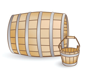Vector wooden barrel and small bucket. Traditional vintage containers with metal hoops, rustic style, isolated on white background. Perfect for brewing, farming, or old-fashioned storage concepts.
