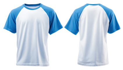 Blank white t-shirt with light blue raglan sleeves, front and back views