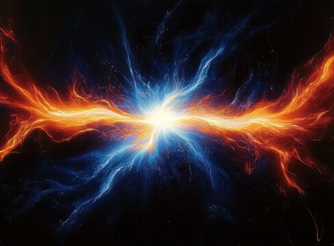 Bright white energy storm with contrasting fiery orange and icy blue lightning sparks spreading outward in a dark space background
