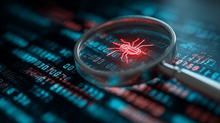 Close-up of magnifying glass focusing on a red stylized bug icon over digital binary code background, concept for cybersecurity awareness, malware detection and data protection.