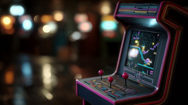 Retro arcade machine with colorful pixelated game on screen is displayed in dimly lit room, concept for game development, 80s nostalgia, and entertainment advertisement
