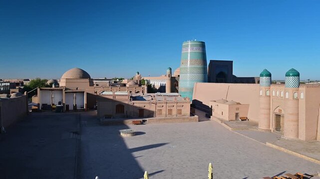 Amazing view of the historic center of Khiva, Uzbekistan with the Kalta Minor Minaret