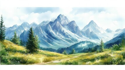peaceful mountain landscape with tall rocky peaks under a cloudy sky and lush green grassy meadow with scattered pine trees