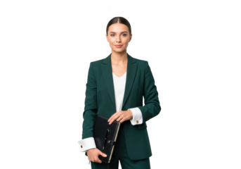 Professional businesswoman in green suit holding laptop standing confidently isolated on transparent background