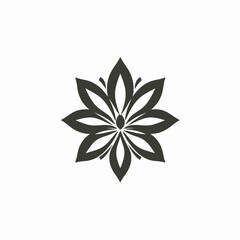 Stylized floral design with symmetrical petals and a central oval shape, presented in a dark gray tone against a white backdrop.