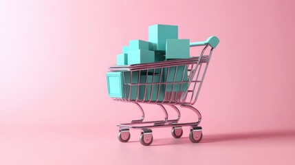 Small metallic shopping cart filled with various sized turquoise boxes against a pink background symbolizing shopping or delivery concept