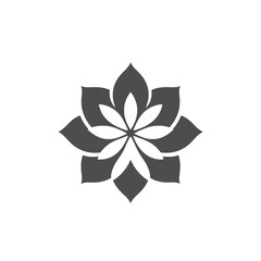 A stylized, symmetrical lotus flower design, rendered in shades of gray.
