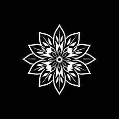 Intricate white floral mandala design against a stark black background, symmetrical.