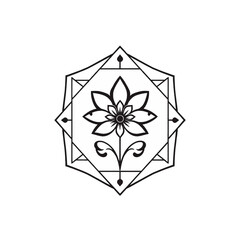 Stylized flower illustration inside a geometric frame, featuring symmetrical petals and a decorative stem in a minimalist design.