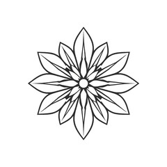 Symmetrical floral design with pointed petals radiating from a central circle, depicted in black and white.