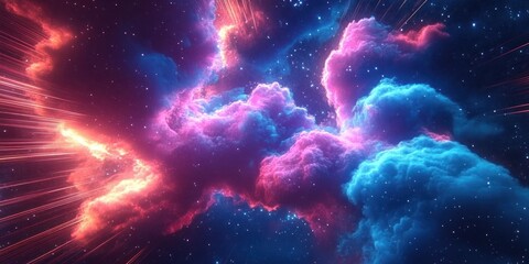 Vibrant cosmic nebula with glowing pink and blue clouds illuminating a star-filled deep space scene conveying mystery and wonder