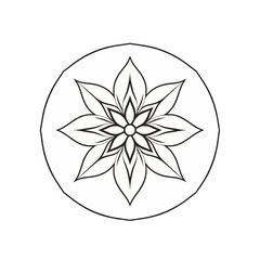 A stylized, symmetrical flower design enclosed within a circular frame, presented in monochrome.