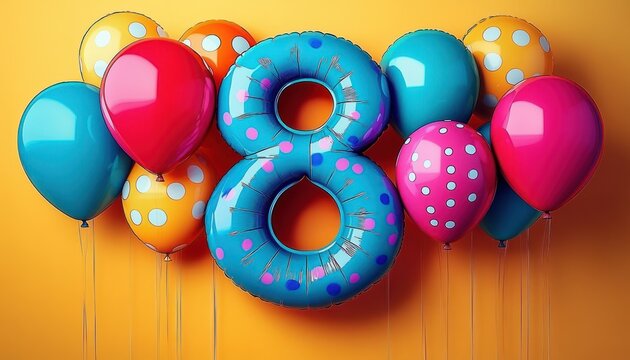 Colorful balloons with a large blue number eight balloon at the center against a bright orange background evoking celebration and joy