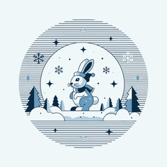 A charming illustration of a rabbit wearing winter attire, surrounded by snowy trees and snowflakes.