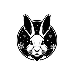 A stylized black and white illustration of a rabbit's face within a wintery circle.